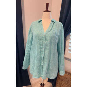 C&C California Teal 100% Linen Roll Tab Button Down Shirt Women M